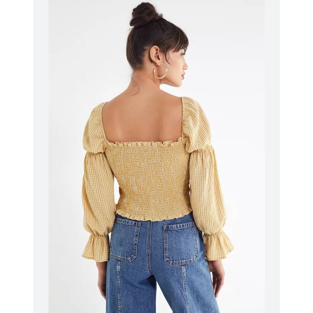 Urban Outfitters Mustard Yellow Gingham Shirred Puff Sleeve Milkmaid Top